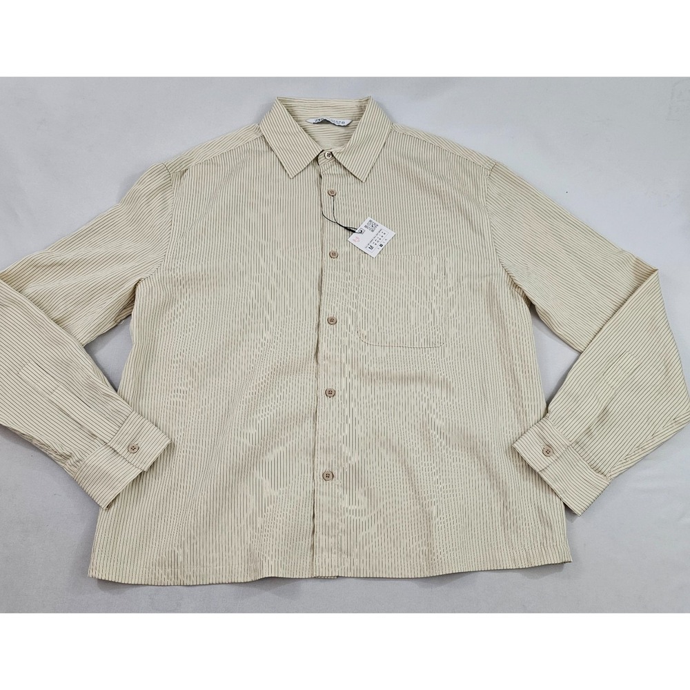 Zara Mens Ivory Yellow Striped Button Down Shirt M Pocket 7545/325/102